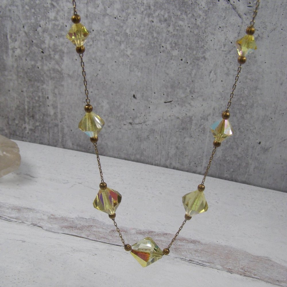 Vintage Yellow Faceted Crystal Bead and Brass Chain Necklace Bicone Deco